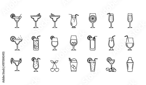 Cocktail Icons Set Thin Line Editable Stroke Bar Drinks Glasses Vector Collection