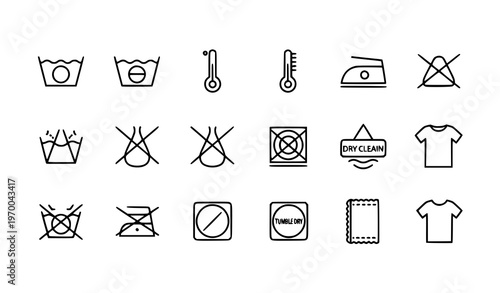 Clothing Care Symbols Icon Set Thin Line Editable Stroke Laundry Wash Instructions Vector Collection