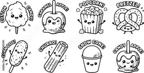 Cute cartoon style cotton candy caramel apple popcorn bag corn dog churro and pretzel icons set