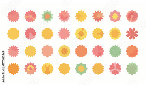 Abstract Top View Spring Flowers Flat Vector Set Floral Elements Clipart Collection Isolated on White