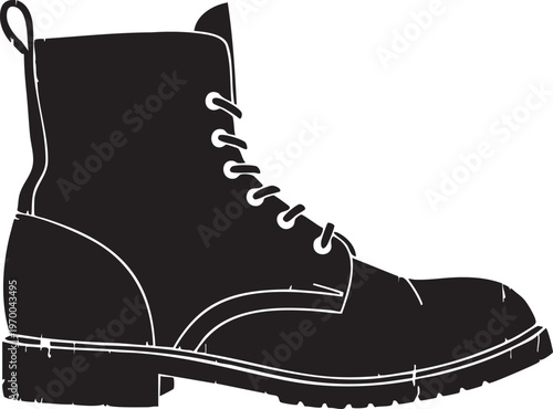 Black leather ankle boot with white laces and sole isolated on white background side view fashion footwear