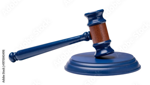 Quadro su tela Blue lacquered gavel resting on circular wooden base, symbolizing legal authorit