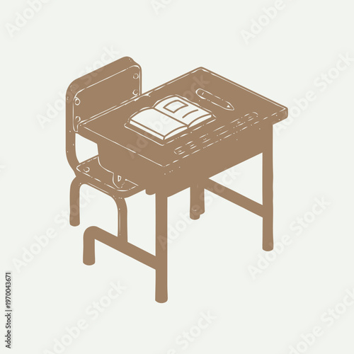 An isometric illustration of an empty school desk with an open book, symbolizing education, learning, and academic pursuits in a retro style
