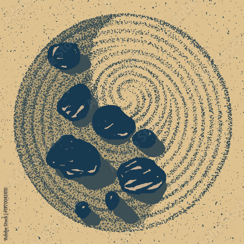 Hand drawn Japanese Zen garden mandala in a Yin-Yang composition. Minimalist woodcut style featuring black stones and raked sand spirals on a textured tan background. Artisan wellness.