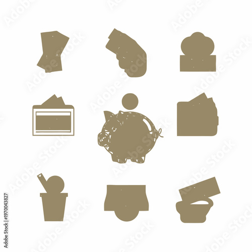 Collection of grunge-style financial icons illustrating various aspects of money management, savings, and economic concepts for modern design projects and digital interfaces