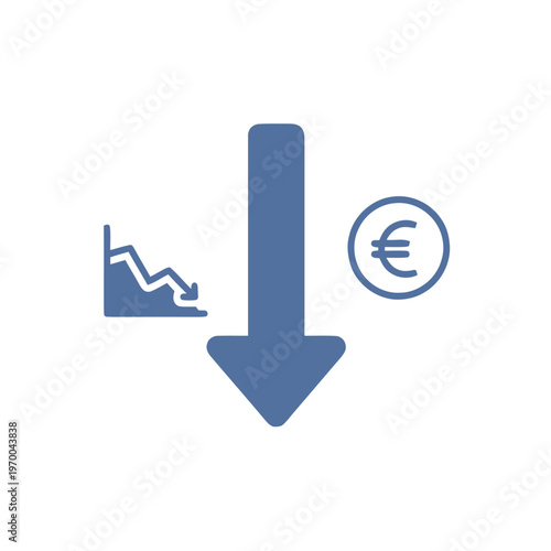 Financial downturn and declining euro symbol illustrating economic recession or currency depreciation with a downward trend graph