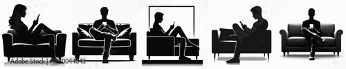 Vector silhouette of person using smartphone on sofa