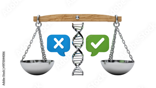 Fotografía Silver balance scale weighing DNA helix blue X mark, and green checkmark icon