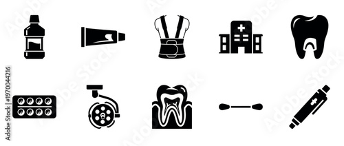 Dental care icons displayed across two rows on white background