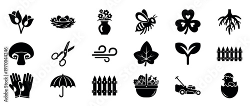 Garden icons depicting plants tools and fence silhouette set