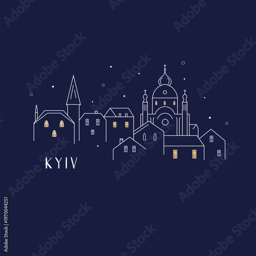 Kyiv landmarks skyline in line style vector illustration, greeting card