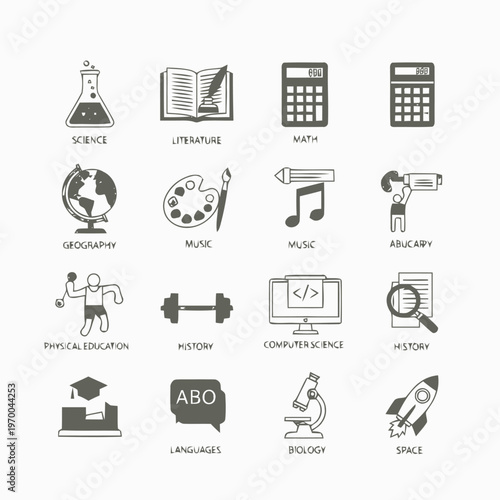 Hand-drawn vector icons of school subjects. Illustrates various academic disciplines from science and math to literature, history, and art, ideal for educational content and learning materials