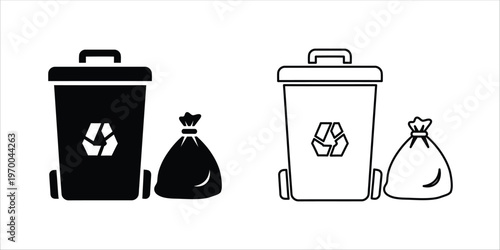 Black and white illustration of trash cans and garbage bags