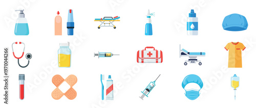 Medical supplies icons shown as colorful flat illustrations