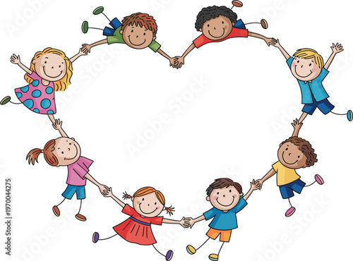 Happy children holding hands in heart shape, unity, love, friendship, diverse kids, cartoon illustration, joyful teamwork, playful group fun