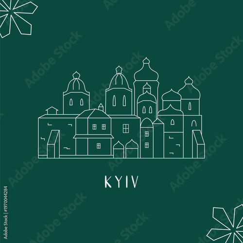Kyiv St Sophia cathedral in in a line style vector illustration, greeting card