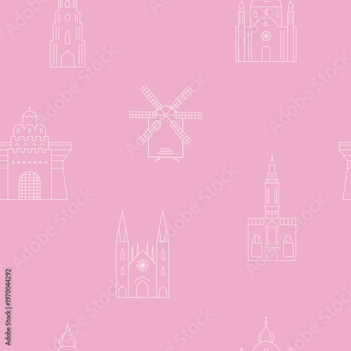 Kyiv seamless pattern with famous buildings, landmarks.