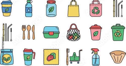 Eco friendly living concept with various sustainable products and icons for zero waste lifestyle