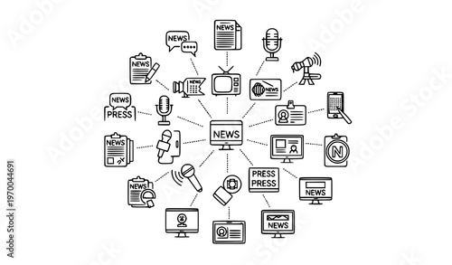 Mass Media Icons Radial Layout Thin Line Editable Stroke Journalism Broadcasting Vector Set