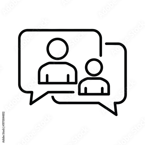 Two people icons in speech bubbles, representing communication, conversation, and discussion.