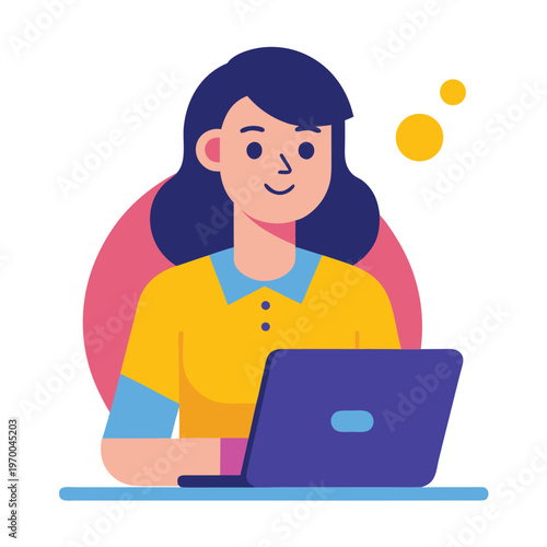 Woman sitting at desk working on laptop with a smile