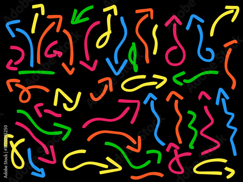 Hand drawn bold scribble arrows. Random colorful arrow vectors.
