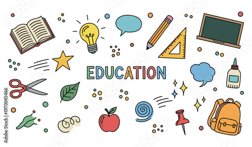 School supplies icons arranged around education text on white background