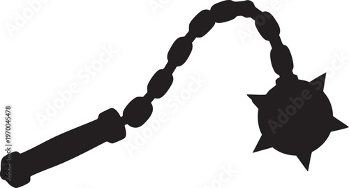 Black silhouette of a spiked ball and chain flail weapon on white background medieval brutal instrument