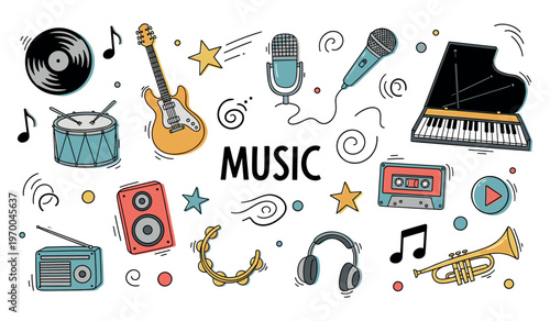 Musical instruments scattered around on white background