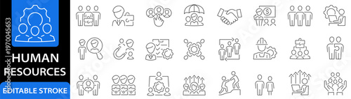 Human Resources icon set. Recruitment. Management. Employment. Company. Partnership. Business. Editable stroke. Vector illustration