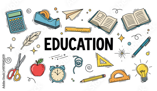 Education icons arranged with study tools on white background