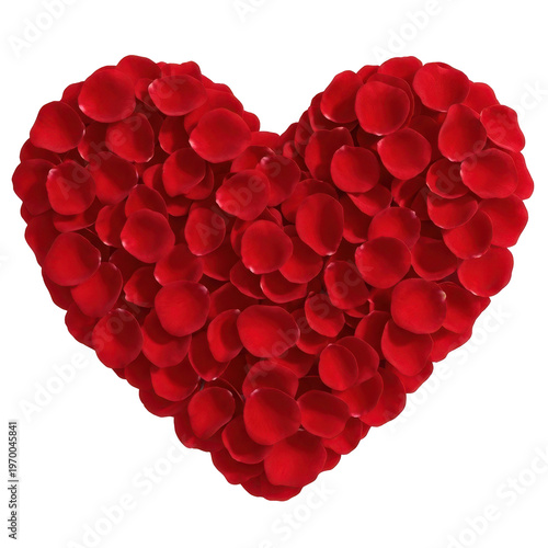 Heart shape made of vibrant red rose petals on a clean white background