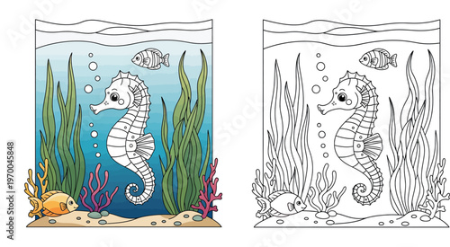 Cute cartoon seahorse and fish swimming underwater with seaweed and coral. Vector illustration of marine life for kids coloring book or educational design.
