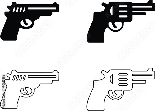 Gun pistol revolver firearm icon set collection group in black flat and line style vector illustration, weapon handgun symbol pack minimal outline design, security defense equipment bundle