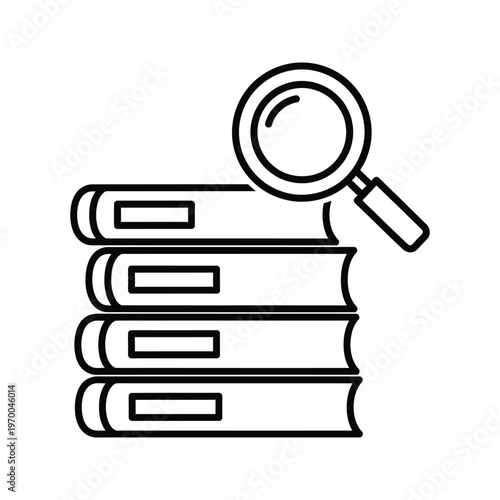Stack of books with magnifying glass, representing research, study, and knowledge discovery
