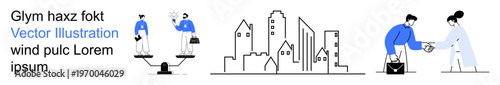 Business, decision-making, teamwork, urban planning, trust, communication. Professional individuals balancing scales and exchanging items. Business interactions and decision-making concepts