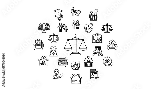 Social Services Icons Radial Layout Thin Line Editable Stroke Policy Healthcare Education Vector Set