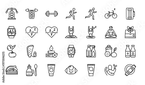 Fitness and Healthy Lifestyle Icons Set Thin Line Editable Stroke Gym Sport UI Vector Collection