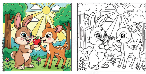 Cute cartoon rabbit and fawn deer friends sharing a red apple in sunny forest. Happy woodland animal characters vector illustration for kids book isolated on nature background.