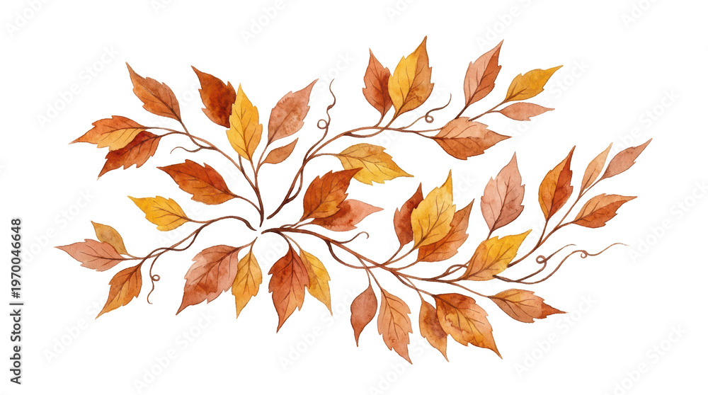 Fototapeta premium Watercolor autumn leaves and branches decorative flourish on a white background