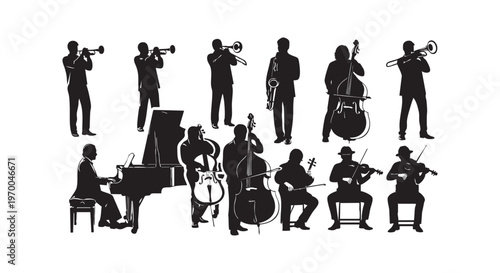 A group of musicians playing various musical instruments in silhouette isolated on transparent background
