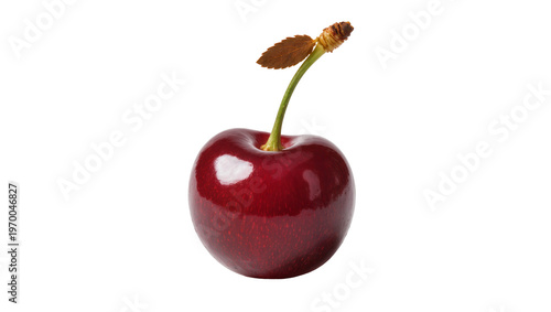 Принти на полотні Glossy dark red cherry with vibrant green stem and single leaf, showcasing juicy