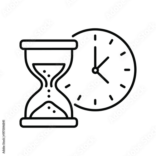 Hourglass and clock face side by side, symbolizing the passage of time and urgency.