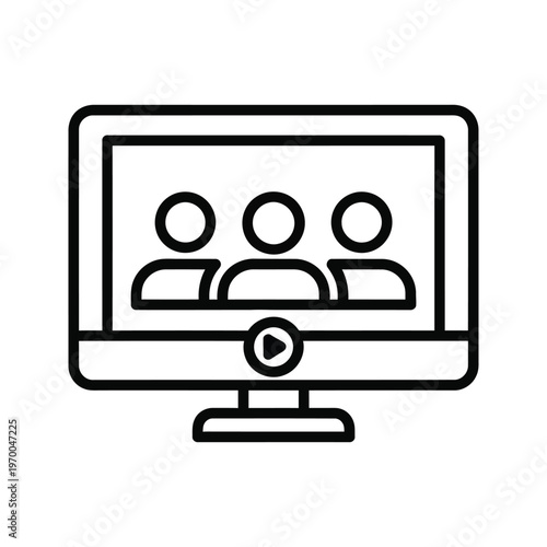 Computer monitor displaying three people icons and a play button, symbolizing online meetings or video content.