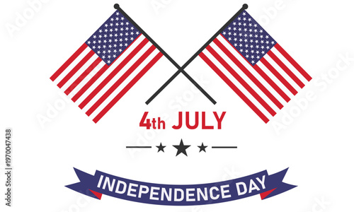 4th of July Independence Day Graphic with Crossed American Flags and Ribbon