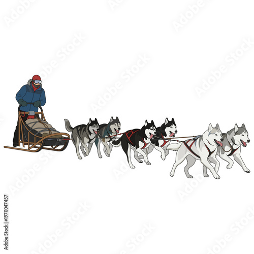 A sled dog team pulling a sled across the snowy terrain, with a musher guiding the team. It is a thrilling scene of winter adventure