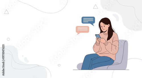Young woman texting on smartphone, sitting on sofa, chat bubbles, modern lifestyle