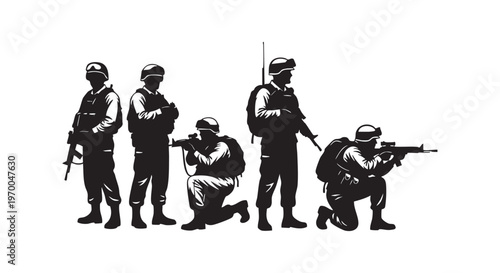 Soldiers in tactical gear posing in a line for military operations isolated on transparent background