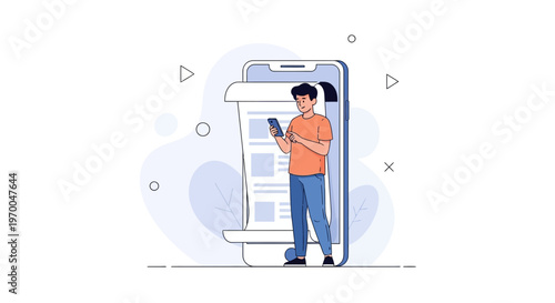 Man Using Smartphone with Online Shopping Receipt on Giant Mobile Screen