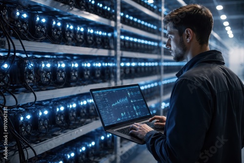Male technician checks data on laptop while overseeing cryptocurrency mining equipment in a data center with illuminated servers and cooling fans